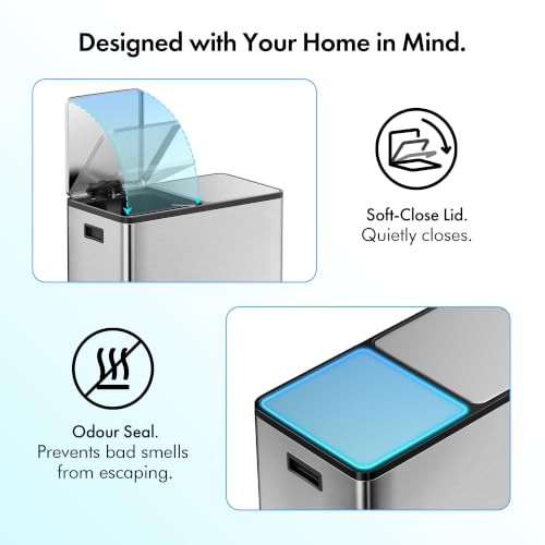 Image of VonHaus Double Recycling Bin 60L for Kitchen - Stainless Steel Recycling Bin with Two Compartments - 2 x 30L Removeable Inner Bins Dual Waste Bin with Pedal Feet - Dual Recycling Bin for Kitchen