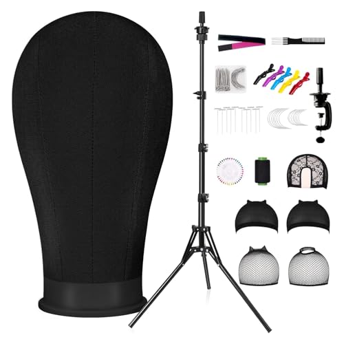 GHWMYD Cabeza de Peluca de 55 cm, Cabeza de Maniquí de Lona con 160 cm Soporte para Confección de Pelucas, Exhibición, Cabeza para Peinar con Abrazadera de Mesa,T Pins,Gorro de Peluca, Negro