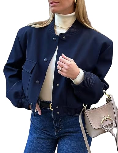 Athlisan Womens Cropped Bomber Jacket Casual Button Down Varsity Baseball Jacket with Pockets, Navy, Small