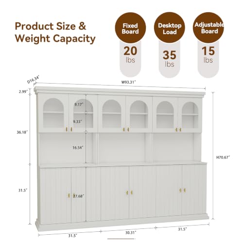 Image of ivaniti 71 inch Farmhouse Kitchen Pantry Cabinet Set of 3 with Arched Glass Doors, White Freestanding Coffee Bar Hutch with Microwave Stand and Adjustable Shelves for Kitchen