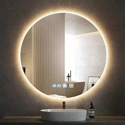 Foto di Hondony Specchio da Bagno Rotondo LED 60x60 cm, Anti-Appannamento, Luci Dimmerabile 3 Colori, Retroilluminazione Moderna, Specchio con Luce Incorporata per Bagno, Design Elegante da Parete