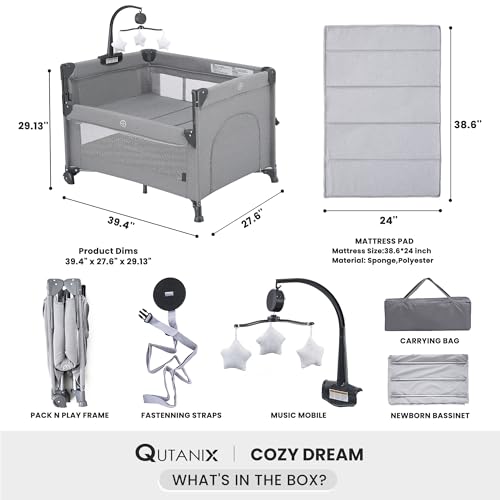 Image of QUTANIX 2-in-1 Baby Playard, Pack and Play Bassinet, Easy Folding Portable Crib with Music Mobile for Newborn to Toddlers (Grey)