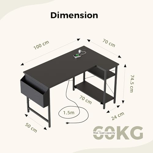 Mericonia Small L Shaped Desk with Power Outlets,100 cm L Computer Corner Desks with Reversible Shelves, Gaming Desk, Study Writing Table for Home Office, Black - Image 3