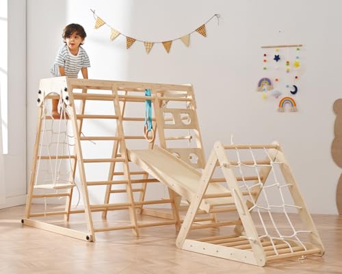 Homman 12-in-1 Toddler Playground - Foldable Kids Climbing Set with Slide, Rock/Net, Monkey Bars, Drawing Board, Swing and Pickler Set