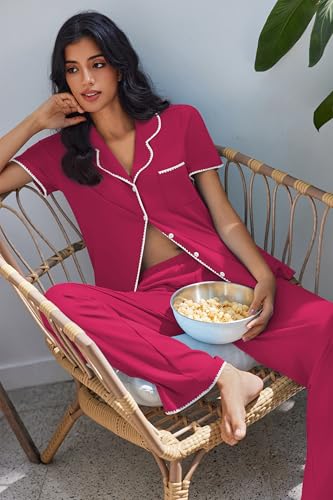 Image of Ekouaer Pajamas for Women Set Button Up Soft Pjs Short Sleeve 2 Piece Lounge Sets Comfy Sleepwear