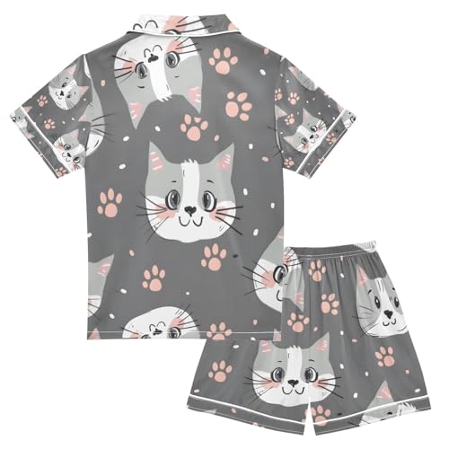 senya Cat Face Paw Print Satin Summer Pajama Sets Silk Short Sleeve Button Down Sleepwear2