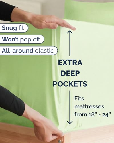 Image of Extra Deep Twin XL Sheet Set - 4 Piece Cooling Sheets - Light Sage Green | Hotel Luxury Bed Sheets Set, Easy & Secure Fit, Ultra-Soft, Wrinkle & Fade Free, Comfy Sheets Set with Extra Deep Pockets