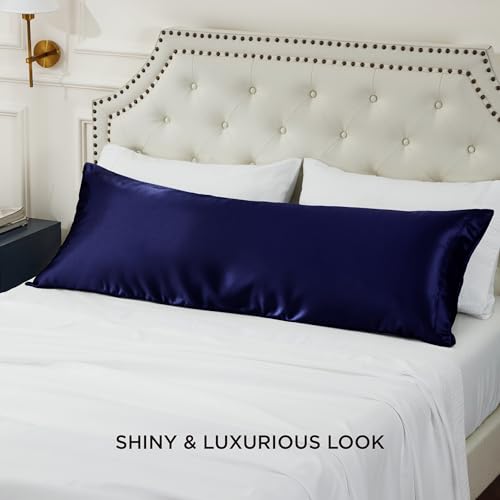 Image of Bedsure Body Pillow Cover 20x54 Inches - Navy Satin Similar to Silk Pillowcase for Hair and Skin, Cooling and Silky Long Body Pillow Pillowcase for Adults with Envelope Closure, Gifts for Women Men