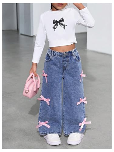 WDIRARA Toddler Girl's Bow Knot Baggy Denim Pants Elastic High Waisted Wide Leg Jeans4