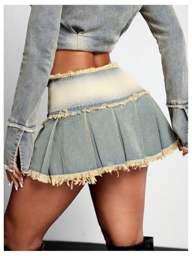 MakeMeChic Women's Pleated Jean Skirts Raw Hem Studded Zipper Y2K Mini Denim Skirt2