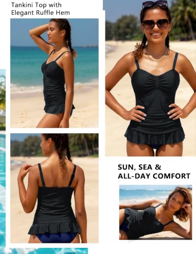 Image of Hilor Women's 50's Retro Ruched Tankini Swimsuit Top with Ruffle Hem