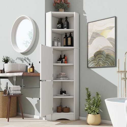 Merax Armoire de salle de bain triangulaire, 51,7 x 32 x 155,4 cm, meuble d'angle avec 2 portes et compartiments ouverts, séparateurs réglables, peinture résistante...