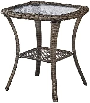 Patio Tables Wicker Side Table - Rattan End Table with Glass Top for Outdoor Outside Patio Porch Deck Square Mixed-Grey