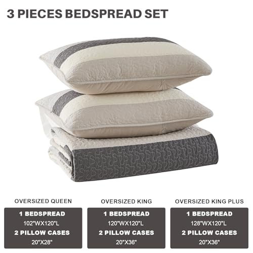 FineStichery Oversized King Quilt Bedspread Coverlet 128x120, 100% Cotton California King Quilt with Pillow Shams, Soft Yarn Dyed Striped Bedding Set, Gray/Khaki/Beige/Charcoal — view 5