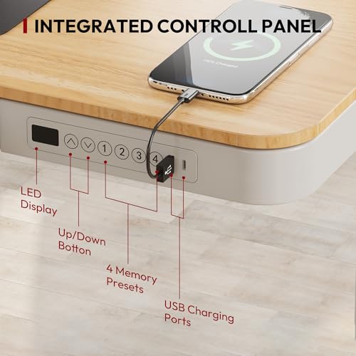 SANODESK Standing Desk with Drawer, Electric Height Adjustable Home Office Desk with Storage & USB Ports, 55 inch Maple Wood Tabletop/White Frame - Image 4