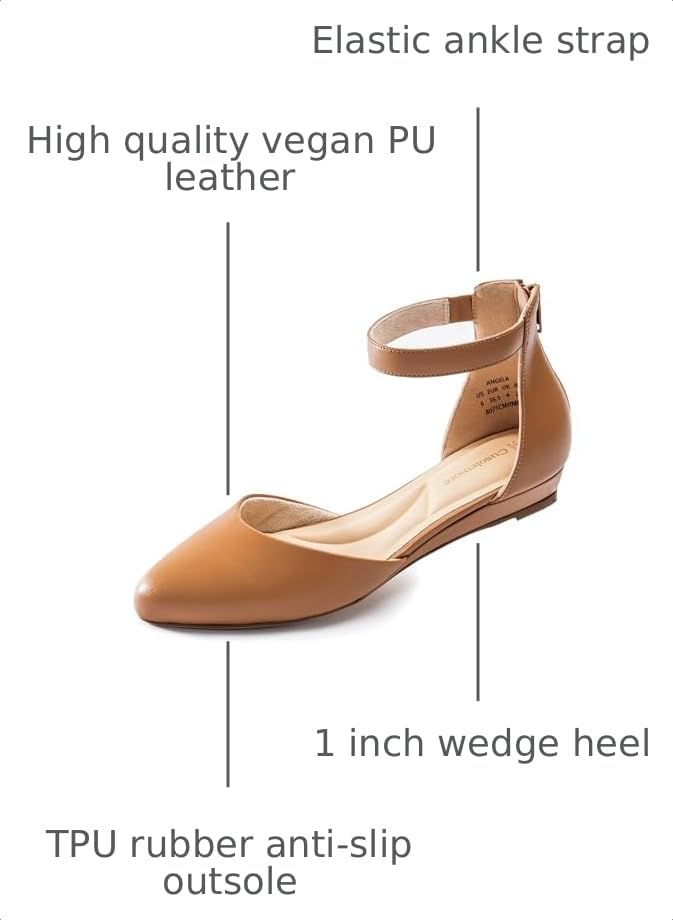 Image of Cusolemore Women Flat Shoes with Ankle Strap, Low Wedge Heel Flats for Women, Comfortable Pointed Toe Dress Shoes for Work Business Wedding
