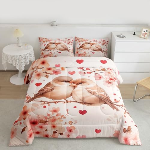 Image of Erosebridal Chickadee Queen Comforter Set Pink Valentine Bedding Set for Kids Teens Love Heart Pattern Bedroom Decor Heart Floral Spring Quilt Duvet