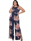 KOH KOH Petite Womens Long Floral Flower Print Sleeveless V-Neck Wide Leg Short Sleeve Casual One Piece Jumpsuit Jumpsuits Pantsuit Pant Suit Romper Playsuit Outfit, Navy Blue & Pink S 4-6