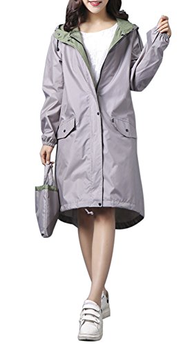 QZUnique Women's Lightweight Long Raincoat Waterproof Packable Double-Deck Hooded Raincoats Windbreak Jackets Grey