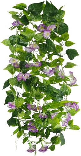 CISDUEO 2 Pcs Artificial Vines Silk Morning Glory Vines for Outdoor 15Feet Hanging Plants Garland Purple Fake Green Plant Morning Glories for Home Decor Wall Fence Stairway Wedding Hanging Baskets