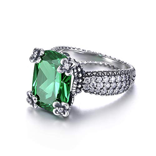Vintage Black Oxidized Finished 925 Sterling Silver Rings for Women, Floral Statement Engagement Ring, Simulated Emerald Quartz Wedding Band Promise Ring for Her4
