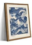 Framed Japanese Wall Art, Vintage Abstract Blue Waves Canvas Wall Decor Painting, Minimalist Japandi Oriental Ocean Aesthetic Prints Picture for Living Room Bathroom Bedroom 12x16 Inch