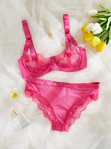 Cozyease Women's 2 Piece Contrast Lace Underwire Lingerie Set Mid Rise Sheer Plain Lingerie Set Hot Pink L #TOP5