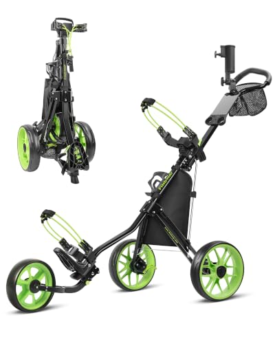 Image of findway Golf Push Cart 3 Wheel, Lightweight & Compact Fold Golf Bag Cart, Golf Caddy Push Carts with Foot Brake, Adjustable Handle, Mesh Bag, Storage Bag, Umbrella & Drink Holder