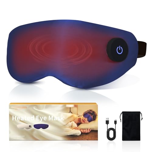 Heated Eye Mask for Dry Eyes – Cordless Warm Eye Compress, 100% Mulberry Silk Sleep Mask with Graphene Heating, 3 Heat Levels and Auto Shut-Off, Rechargeable and Washable (Dark Blue)