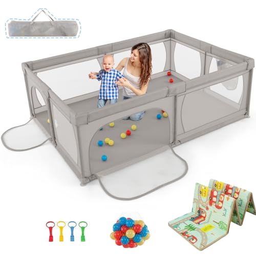 LIFEZEAL Box Bambini e Neonati 0-3 Anni, Recinto, Grande 206x147cm, con Materassino, Borsa, Maniglie, Palline, Bordo Protettivo, Porte con Cerniera, Parco di Gioco, Centro di Attività, Grigio