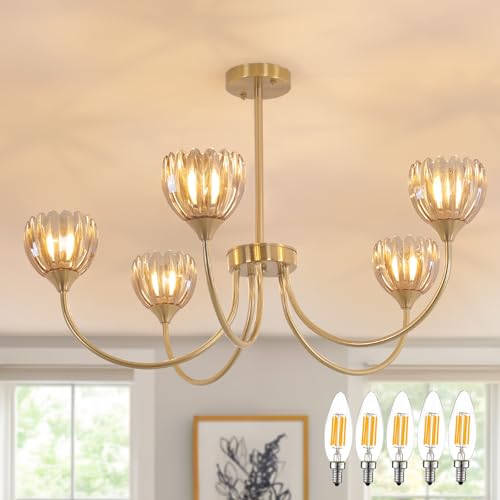 Image of Shenmoyl 30.31 inch Brass Gold 5-Light Chandelier, 5-Arm Amber Tulip Glass Pendant Light Fixture, Height Adjustable Vintage Branch Chandelier for Dining Room Living Room Kitchen Island Farmhouse