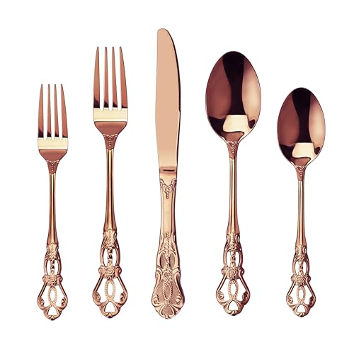 Runfly Gorgeous Retro Royal Rose Gold/Copper Stainless Steel 20 Pieces Flatware Set, Silverware Set, Anti-rust Stainless Steel Gold Cutlery Set Utensils Including Fork Spoon and Knife