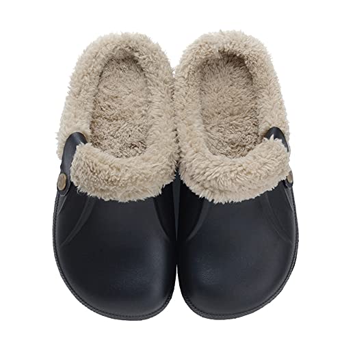 Clog Slippers Fluffy Fleece Lined Winter Indoor Outdoor Non-Slip House Home Slip on Garden Shoes for Men Women Black 40-41