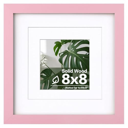 Egofine 8x8 Picture Frame Made of Solid with Plexiglass, Display Pictures 4x4/6x6 with Mat or 8x8 Without Mat for Tabletop and Wall Mounting, Pink