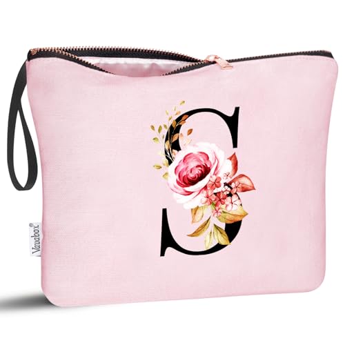 Image of Vavabox A-Z Personalized Makeup Bag, Birthday Gifts for Women Mom, Gifts for Best Friend, Bride Bridesmaid Cosmetic bag (S, 06-Pink)
