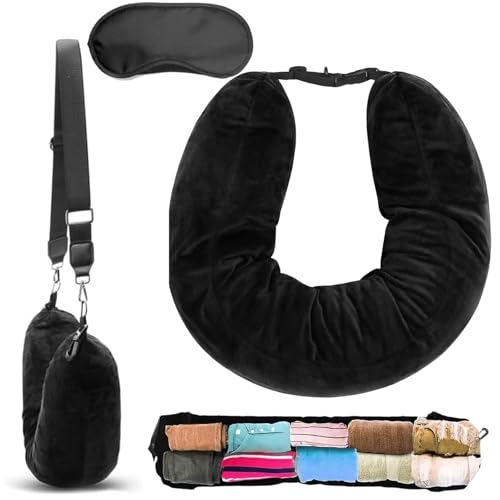 Coussin Tour de Cou Voyage Avion Coussin de Voyage Oreiller de Voyage a Remplir de Vetement Oreiller Cervical de Voyage Multifonctionnel en Forme de U avec cache-œil pour Voyager en Avion en Voiture