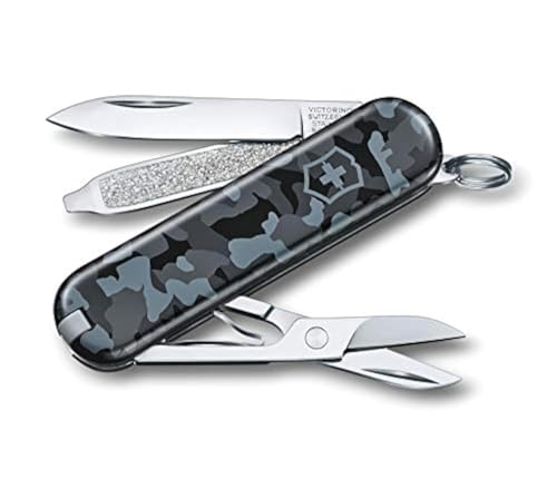 Victorinox Classic SD Swiss Army Knife, Compact, 7 Functions, Swiss Made Pocket Knife with Small Blade, Screwdriver and Key Ring - Navy Camouflage