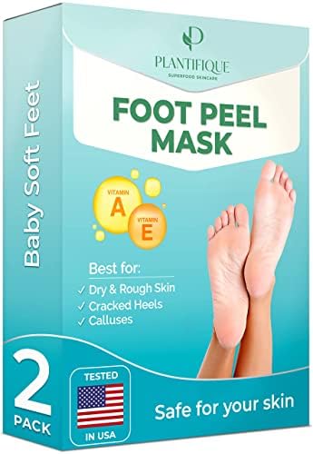 PLANTIFIQUE Foot Peel Mask with Vitamins 2 Pack Peeling Foot Mask Dermatologically Tested - Repairs Heels, Removes Dead Skin for Baby Soft Feet - Exfoliating Foot Peel Mask for Dry Cracked Feet