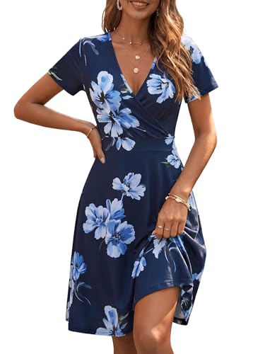 Image of MSBASIC Womens Summer Wrap V Neck Casual Dresses Floral Short Sleeve A-Line Midi Sundress