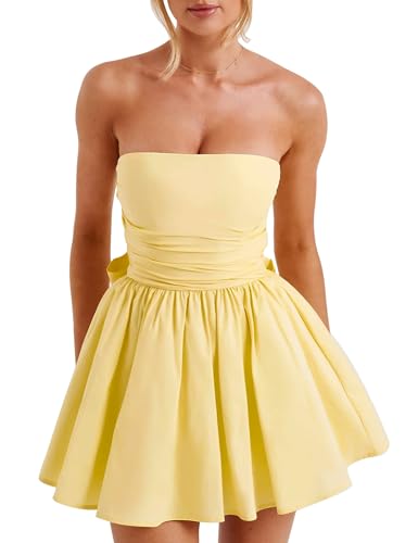 LuFeng Women's Strapless Mini Dress Ruched Sleeveless Off Shoulder A-Line Pleated Short Dress with Oversized Bow