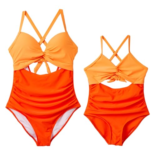 IFFEI Women One Piece Swimsuit Mommy and Me Tummy Control Bathing Suit Colorblock Cutout Tie Back High Waist Girls Swimwear2