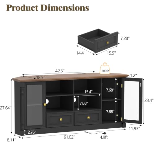 Image of Corner TV Stand for 55 60 65 Inch TVs,Entertainment Center,Black | Classic Column Design With 2 Display Cabinets,2 Drawers,Power Outlet & Led Light, Media Furniture For Living Room,Bedroom