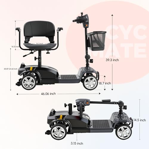 Cycmate 4 Wheel Mobility Scooter for Seniors & Adults 15 Mile Range, 6 MPH Powered Mobility Scooter with 300 lbs Capacity, Foldable Compact Mobility Scooter for Travel, Electric Wheelchair
