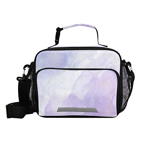 Lonchera de mármol para niños y niñas escolares, con aislamiento térmico con correa para el hombro y tira reflectante, color verde azulado, malva, color morado
