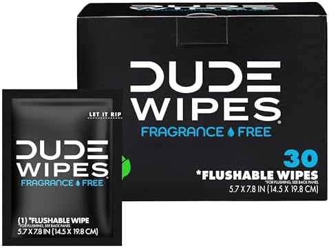 DUDE Wipes Flushable Single Wipes for Travel, Unscented with Vitamin-E & Aloe, 100% Biodegradable (1 Pack, 30 Individually Wrapped Wipes)