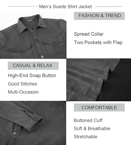 Alex Vando Mens Suede Shirt Jackets Long Sleeve Two Pockets Snap Casual Button Down Shirts