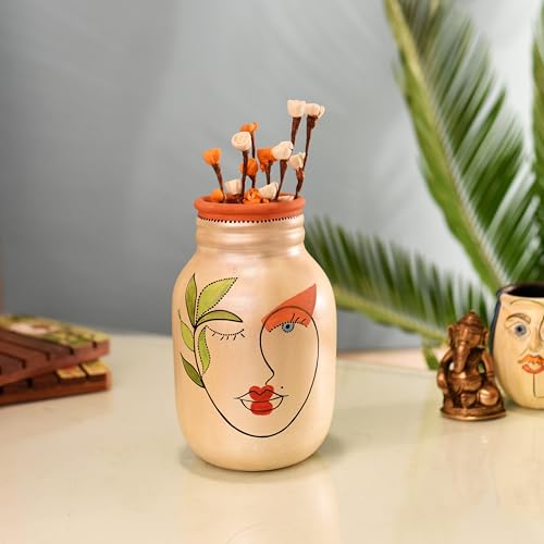 Image of Aakriti Art Creations Hand-Painted Face Art Terracotta Vase | Handmade Matte Multicolor Decorative Flower Vase | Modern Artistic Vase for Living Room Table Decor & Housewarming Gift