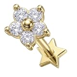 AZARIO LONDON Piercing de plata de ley 925 con forma de flor, circonita cúbica, calibre 16, redondo, estrella, corazón y labio, piercing para labio, 6mm Length, Circonia cúbica Chapado en oro