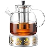 Tetera de cristal de 1,8 litros con calientaplatos, tetera de cristal con colador, tetera con colador para té suelto, sin BPA, apta para microondas y lavavajillas