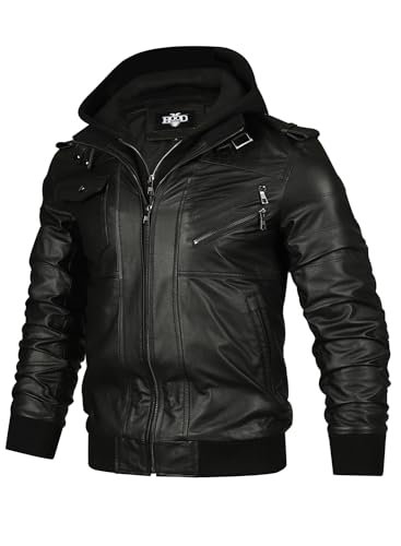 HOOD CREW Men’s Genuine Cowhide Leather Jacket Black Hooded Motorcycle Biker Jacket for Men3